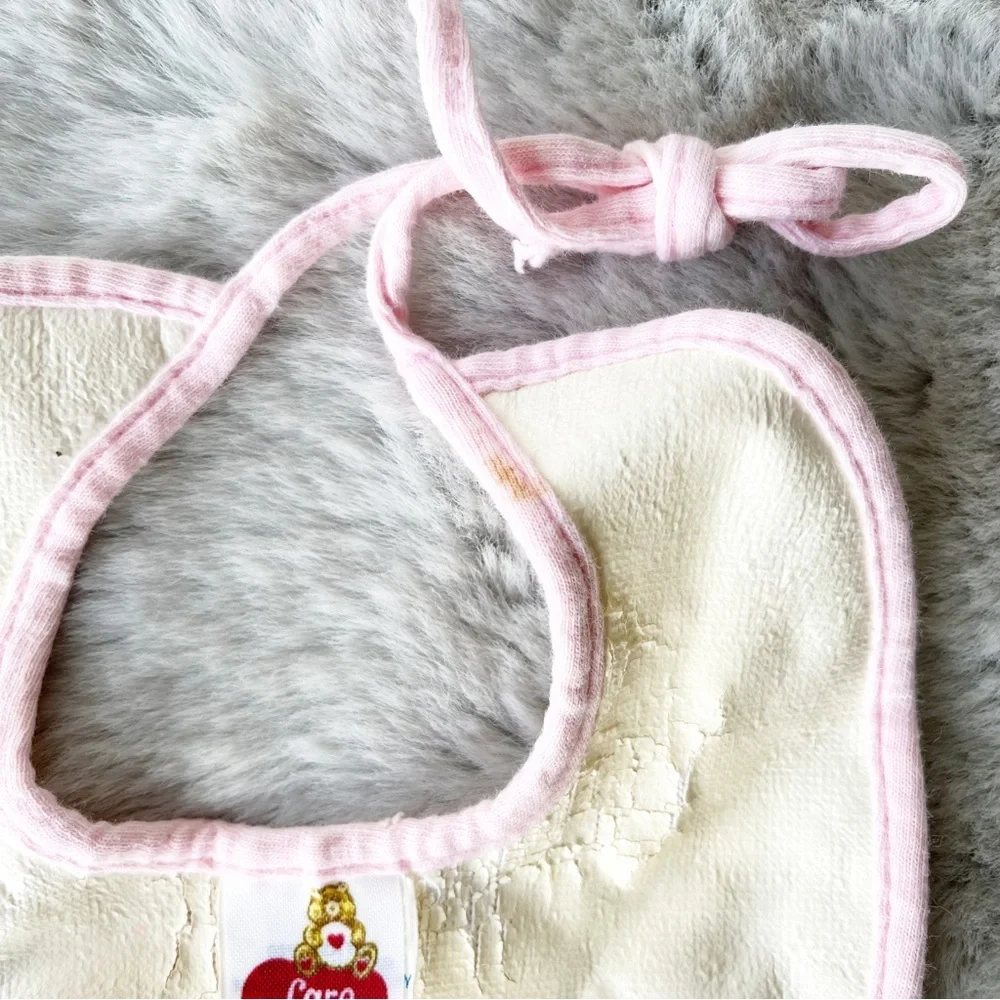 CARE BEARS Vintage Terrycloth Baby Bib “Cheer Bear” with Pink Edge